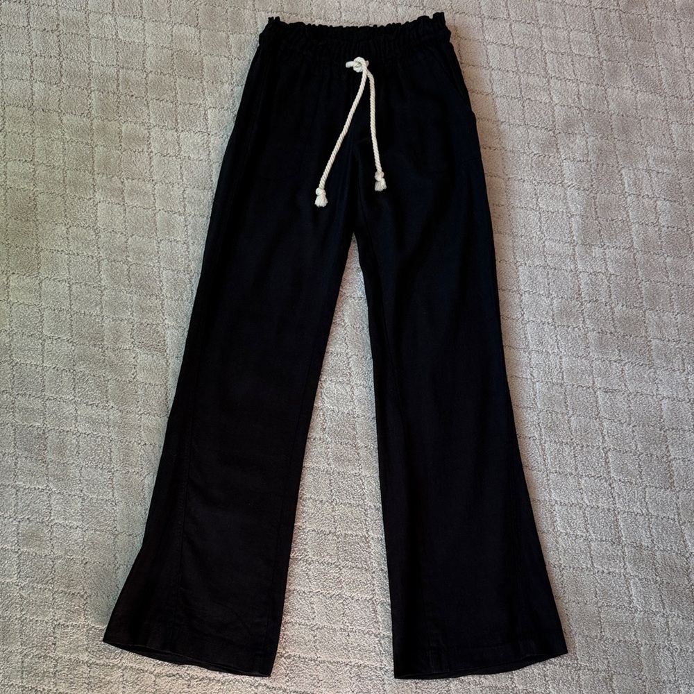 Roxy Black Wide-Leg Linen Blend Pants with Drawstring
